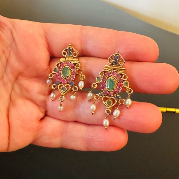 Vintage Estate Luxury Emerald Sapphire Ruby Pearl 24K gold plated Necklace - Picture 9 of 17